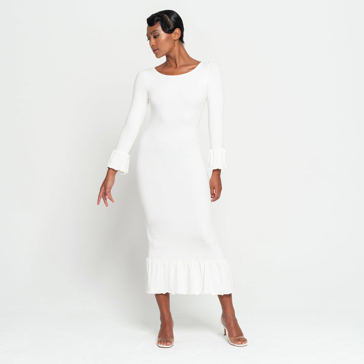 MARJORIE Bamboo Ruffle Dress, in Off-white by BrunnaCo