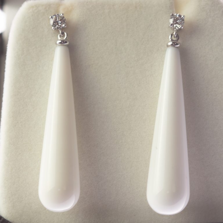 White Agate & Diamond Drop Earrings