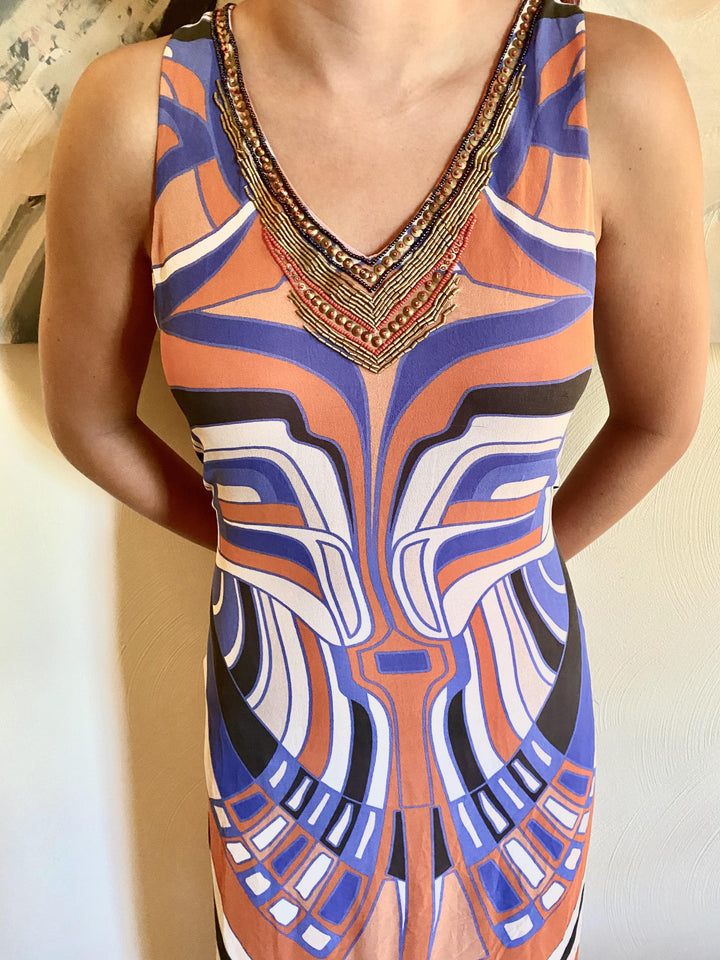 Nicole Miller Atelier Aztec Print Chiffon Maxi Dress