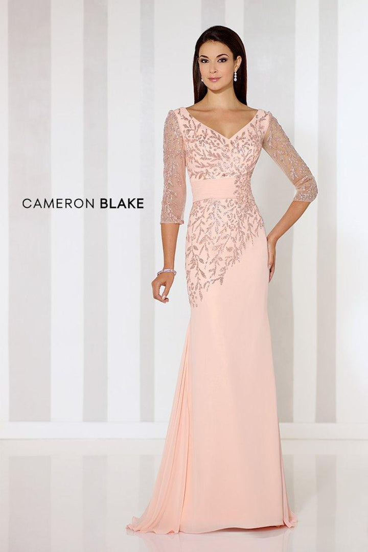 Cameron Blake Chiffon Dress with Three Quarter Length Sleeves Size 4 Style 116651
