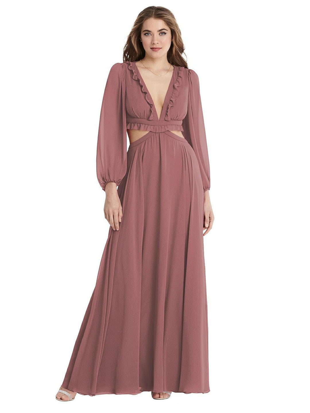 Bishop Sleeve Ruffled Chiffon Cutout Maxi Dress Style LB015 Size 12