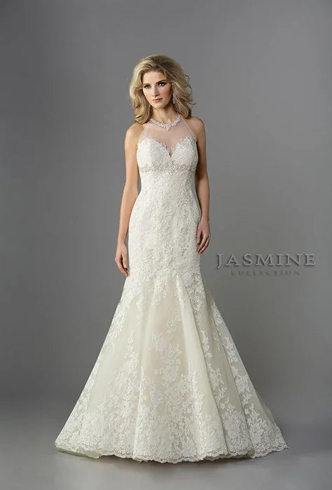 Alencon Lace Gown with Jeweled Illusion Neckline Style F161062 Size 10