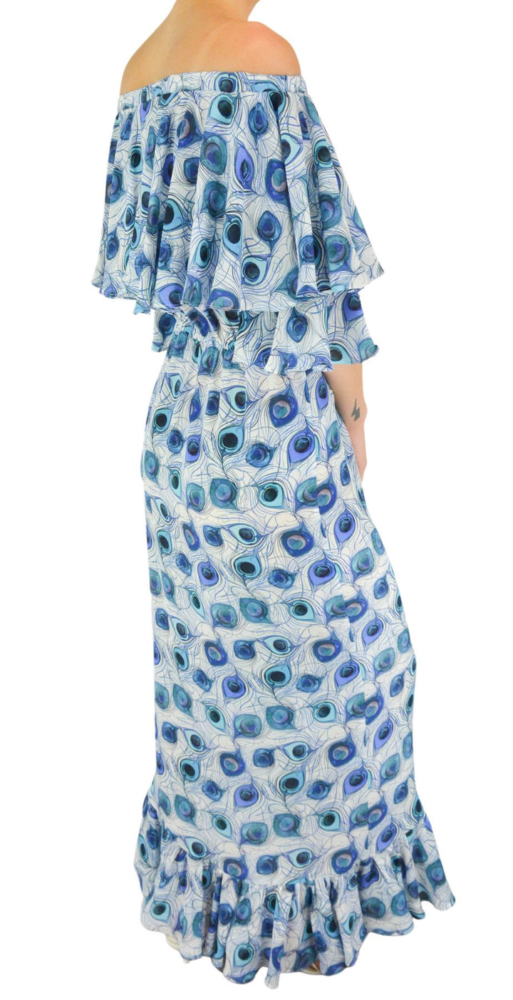 Catherine Prevost Blue Peacock Ruffled Silk Dress Size Small