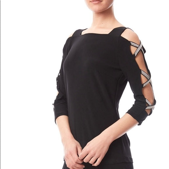 Joseph Ribkoff Black Top with Open Crystal X Sleeves & Shoulders Size 8