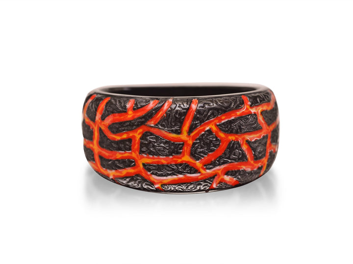 Rivers of Fire Black Rhodium Plated Sterling Silver Textured Red Orange Enamel Band Ring