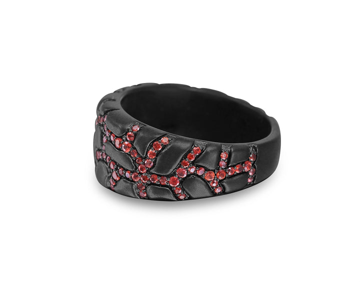 Fiery Ascent Black Rhodium Plated Sterling Silver Textured Band Ring with Garnets