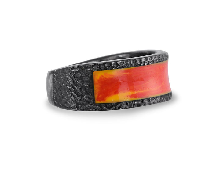 Mista Lava Black Rhodium Plated Sterling Silver Textured Red Orange Enamel Band Ring