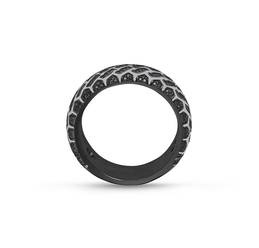 Born Drifter Black Rhodium Plated Sterling Silver Tire Tread Black Diamond Band Ring