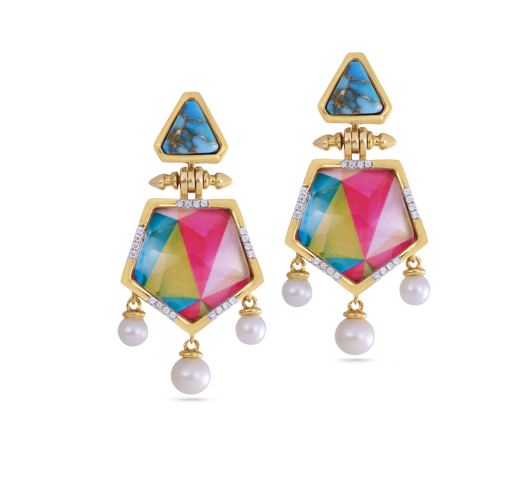 Unicorn Popcorn Turquoise & Diamond Earrings with Pearls in 14K Yellow Gold Plated Sterling Silver