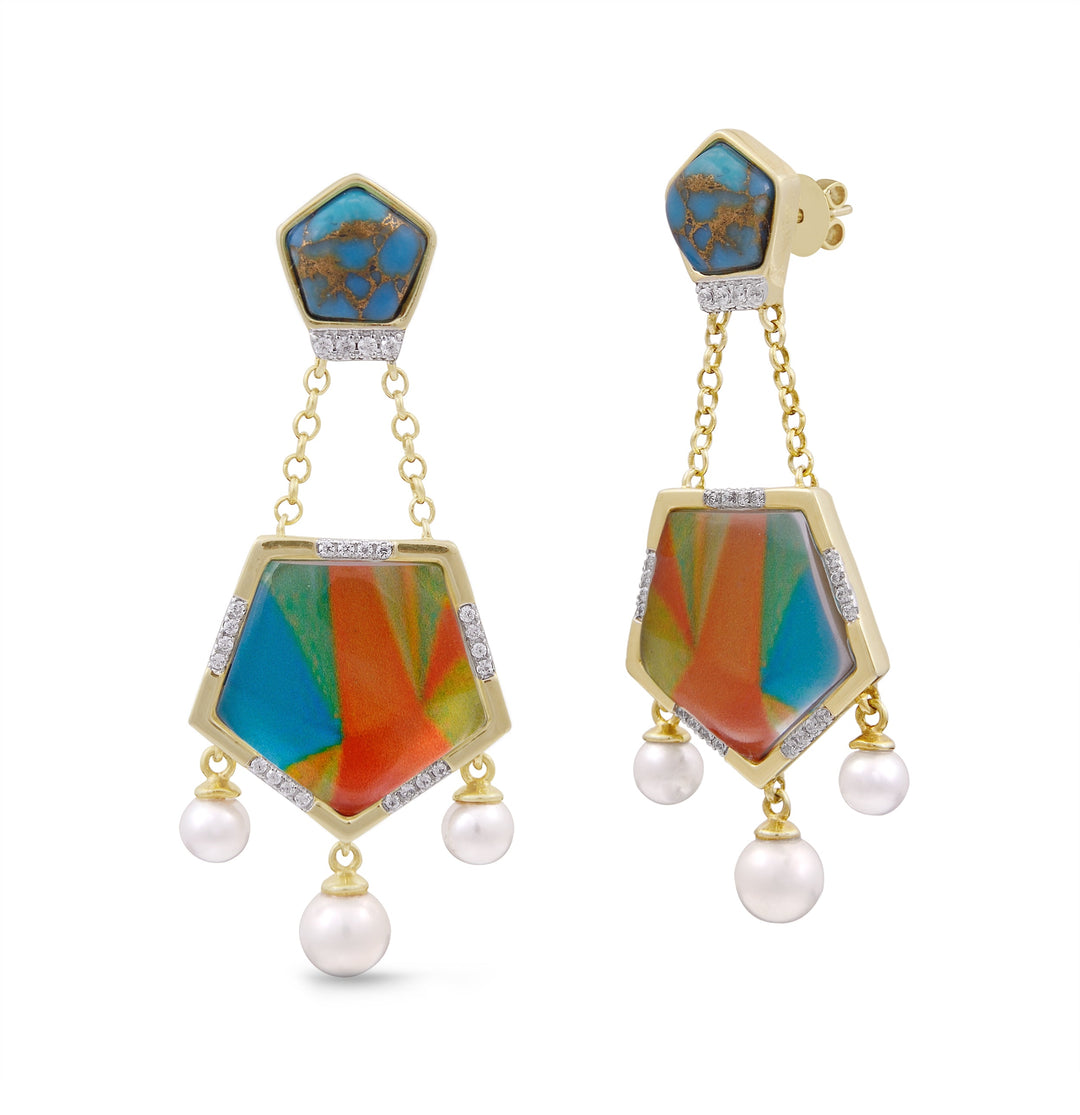 Wild & Free Diamond Mosaic Turquoise Earrings with Pearls in 14K Yellow Gold Plated Sterling Silver