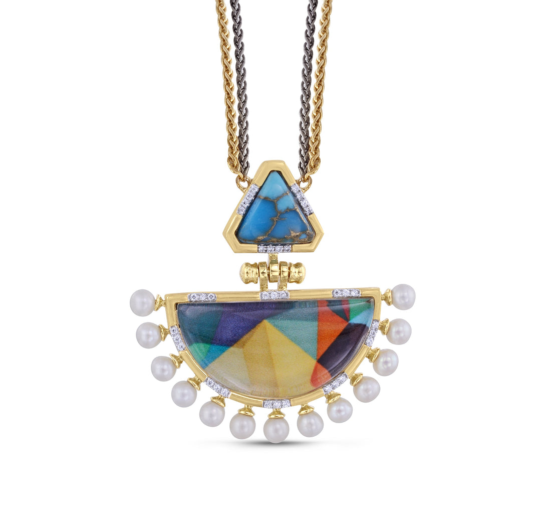 My Colorful Legacy Turquoise & Pearl Diamond Necklace in 14K Yellow Gold Plated Sterling Silver