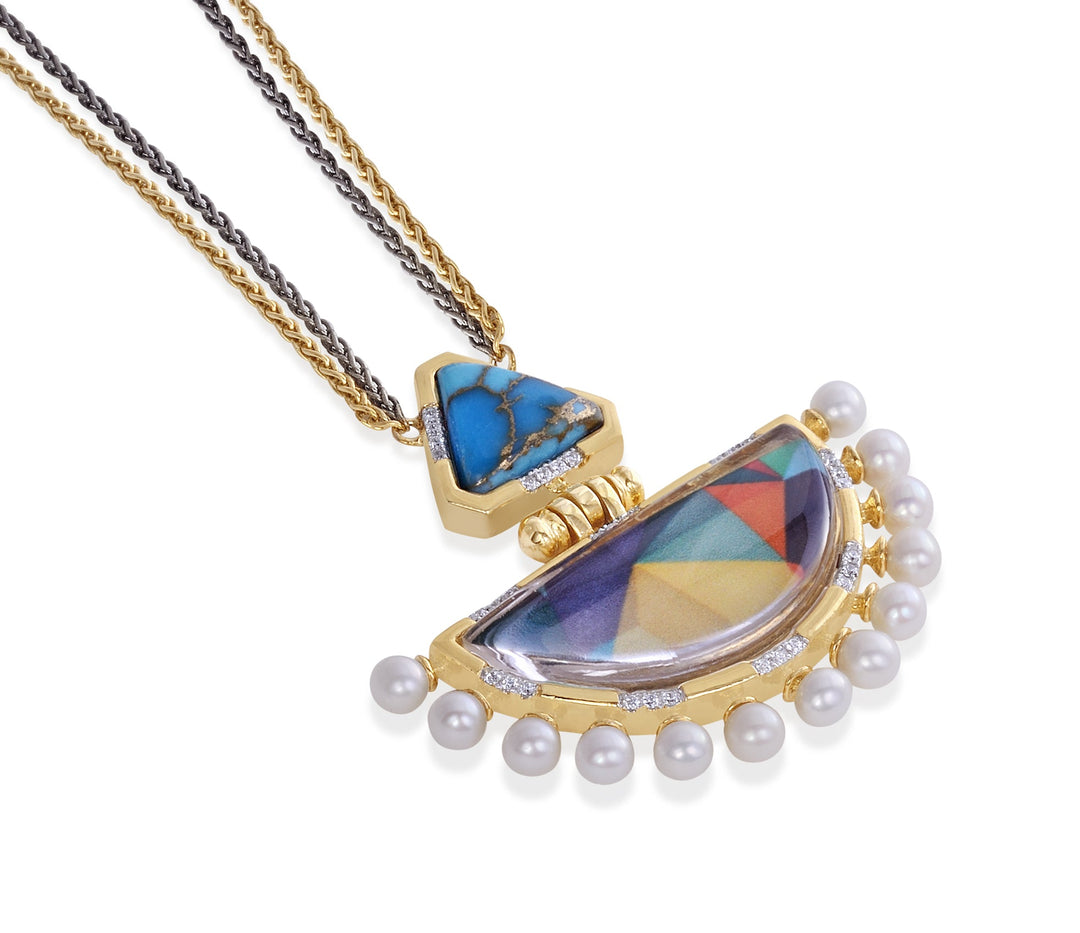 My Colorful Legacy Turquoise & Pearl Diamond Necklace in 14K Yellow Gold Plated Sterling Silver