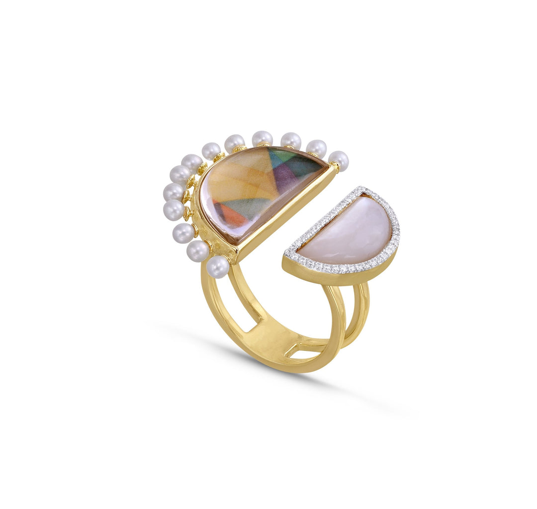 My Colorful Legacy Pearl & Moonstone Diamond Open Ring in 14K Yellow Gold Plated Sterling Silver