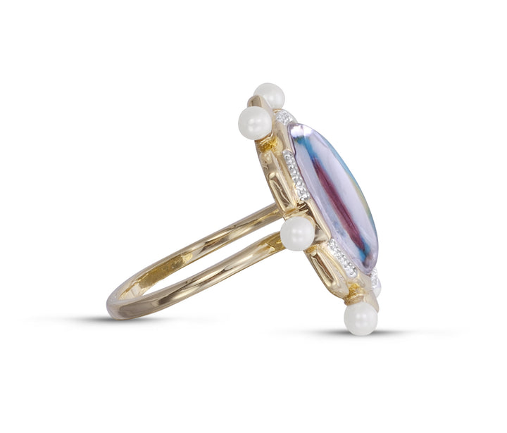 Unicorn Popcorn Pearl & Diamond Mosaic Ring in 14K Yellow Gold Plated Sterling Silver