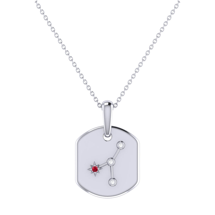 Cancer Crab Ruby & Diamond Constellation Tag Pendant Necklace in 14K White Gold