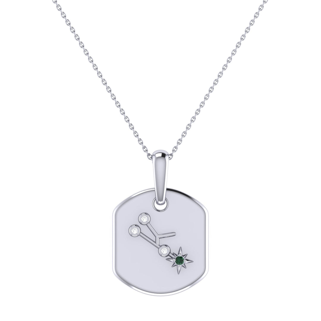 Taurus Bull Emerald & Diamond Constellation Tag Pendant Necklace in 14K White Gold