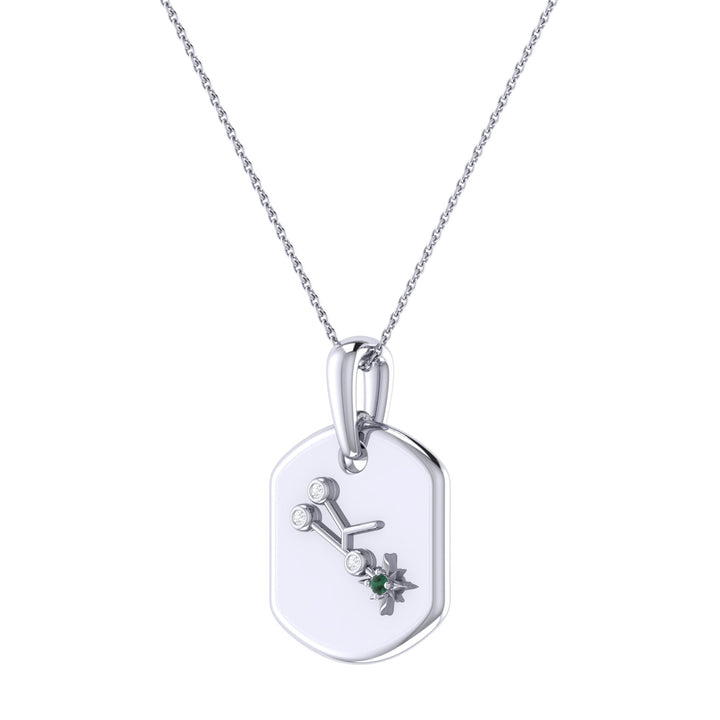 Taurus Bull Emerald & Diamond Constellation Tag Pendant Necklace in Sterling Silver