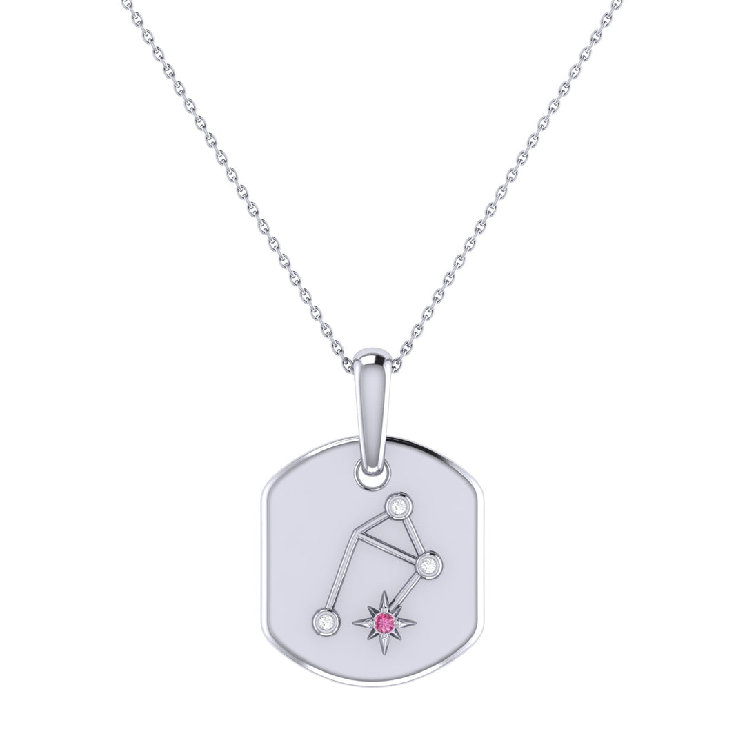 Libra Scales Pink Tourmaline & Diamond Constellation Tag Pendant Necklace in Sterling Silver