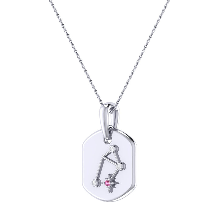 Libra Scales Pink Tourmaline & Diamond Constellation Tag Pendant Necklace in Sterling Silver