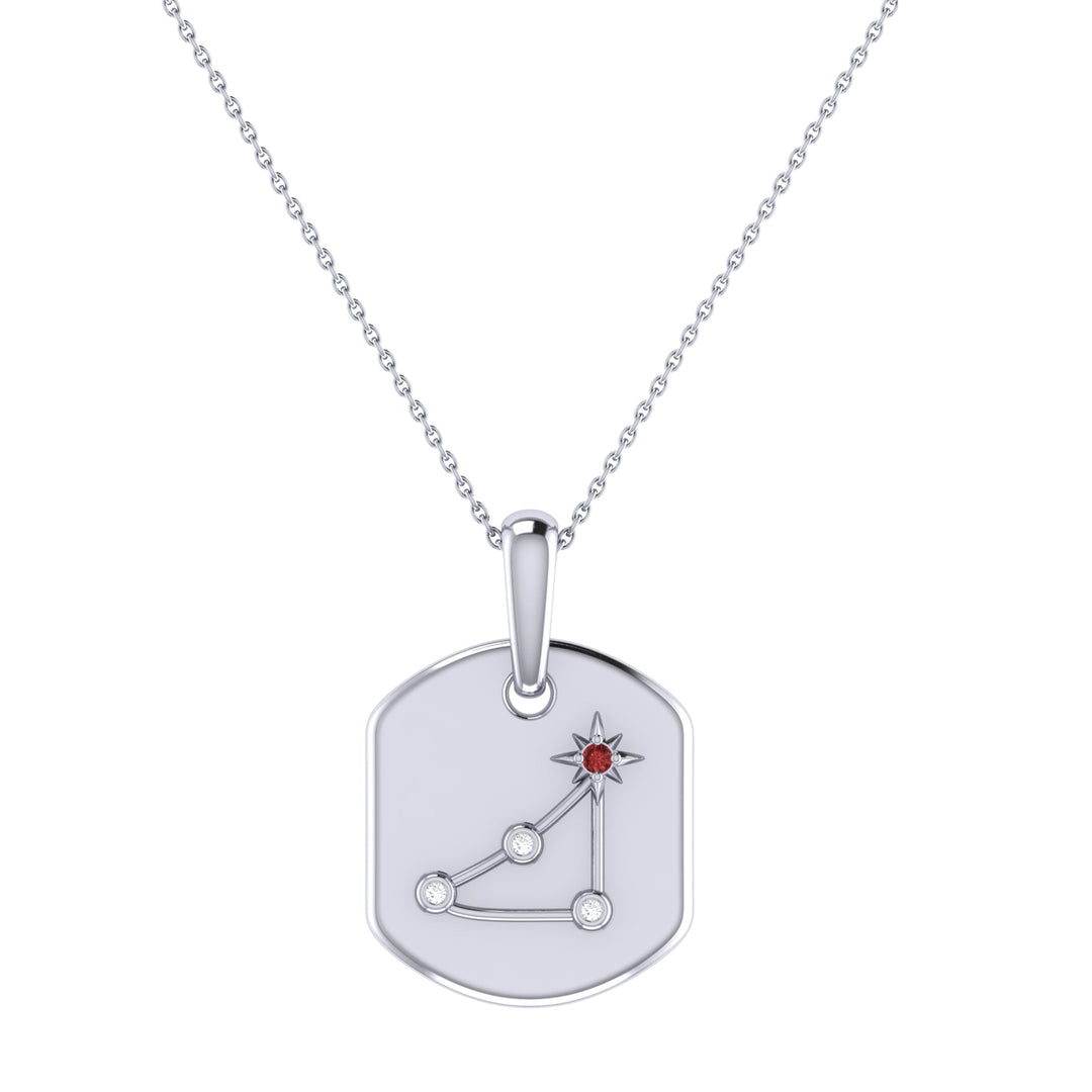 Capricorn Goat Garnet & Diamond Constellation Tag Pendant Necklace in Sterling Silver