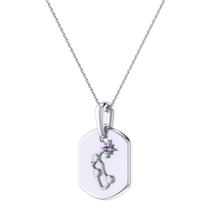 Aquarius Water-Bearer Amethyst & Diamond Constellation Tag Pendant Necklace in 14K White Gold