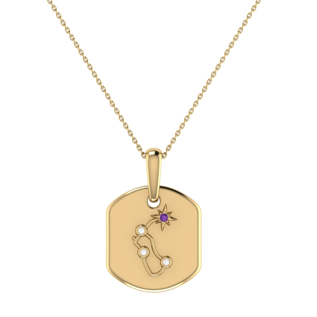 Aquarius Water-Bearer Amethyst & Diamond Constellation Tag Pendant Necklace in 14K Yellow Gold Vermeil on Sterling Silver