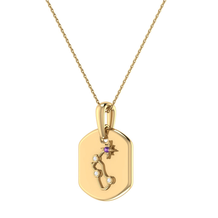 Aquarius Water-Bearer Amethyst & Diamond Constellation Tag Pendant Necklace in 14K Yellow Gold