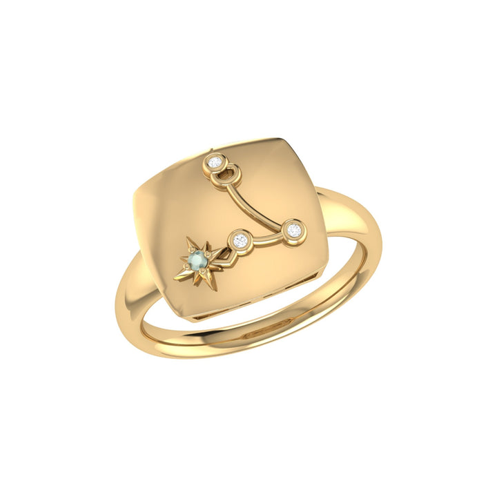 Pisces Two Fish Aquamarine & Diamond Constellation Signet Ring in 14K  Yellow Gold