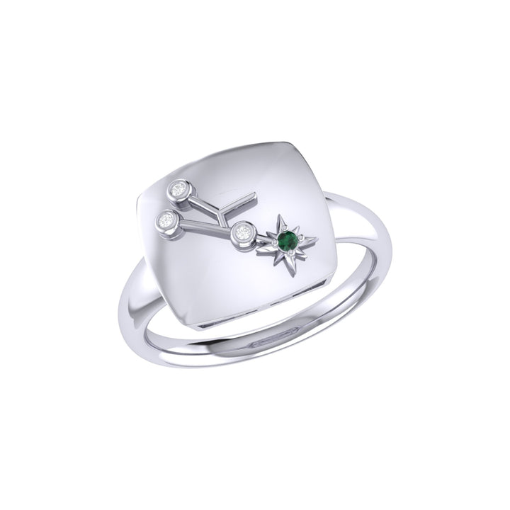 Taurus Bull Emerald & Diamond Constellation Signet Ring in 14K White Gold