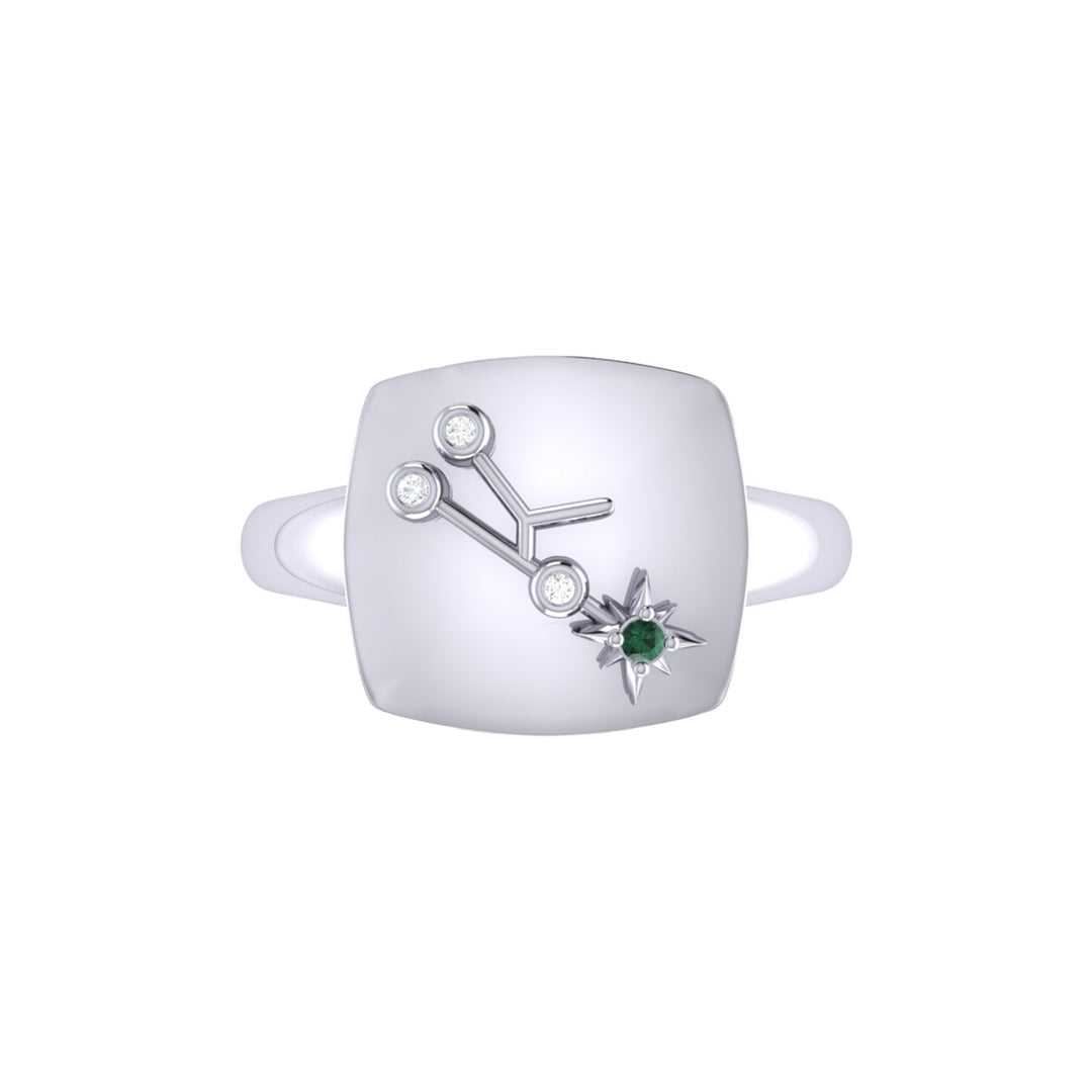 Taurus Bull Emerald & Diamond Constellation Signet Ring in Sterling Silver