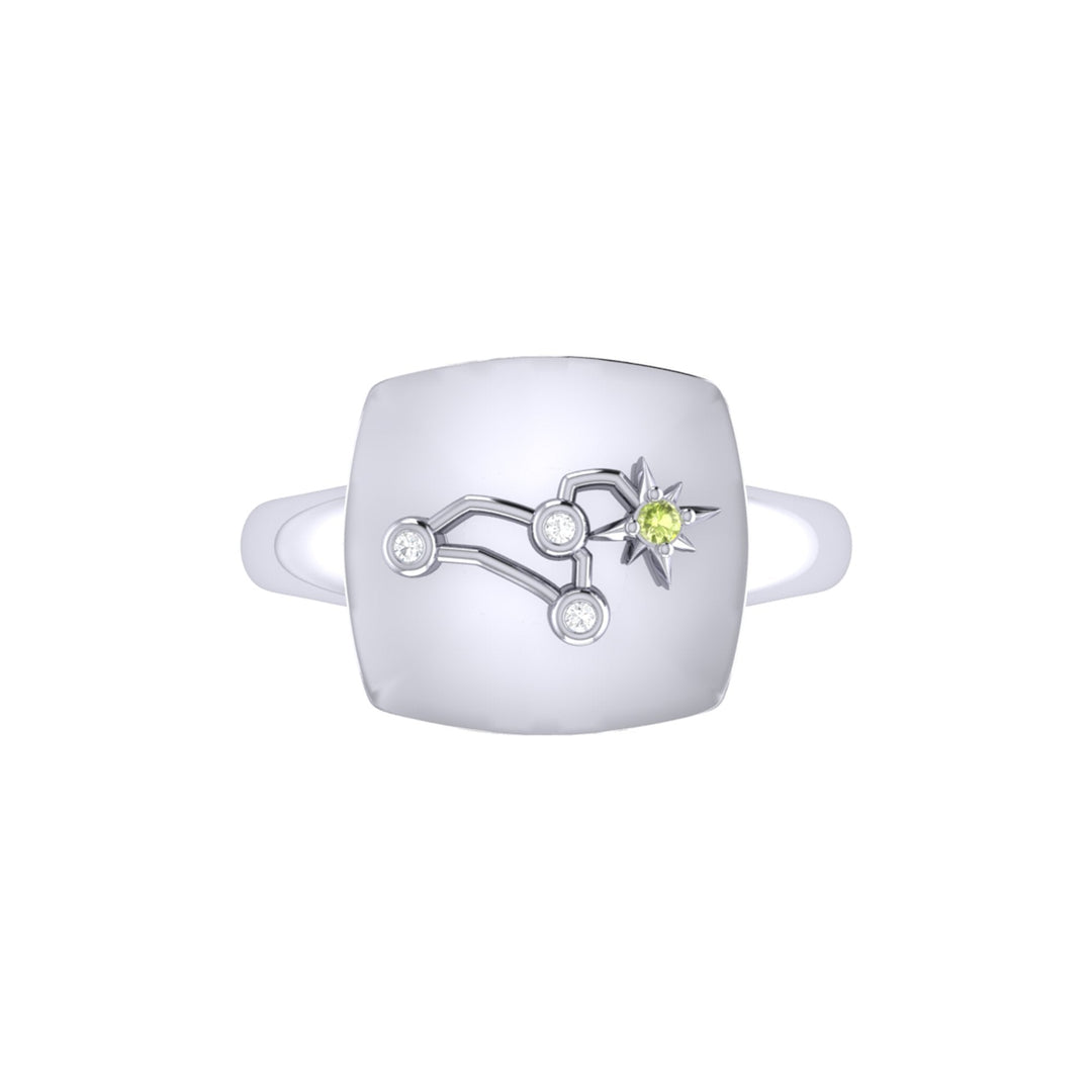 Leo Lion Peridot & Diamond Constellation Signet Ring in 14K White Gold