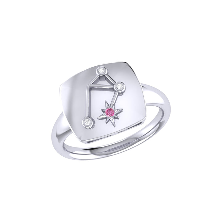 Libra Scales Pink Tourmaline & Diamond Constellation Signet Ring in Sterling Silver