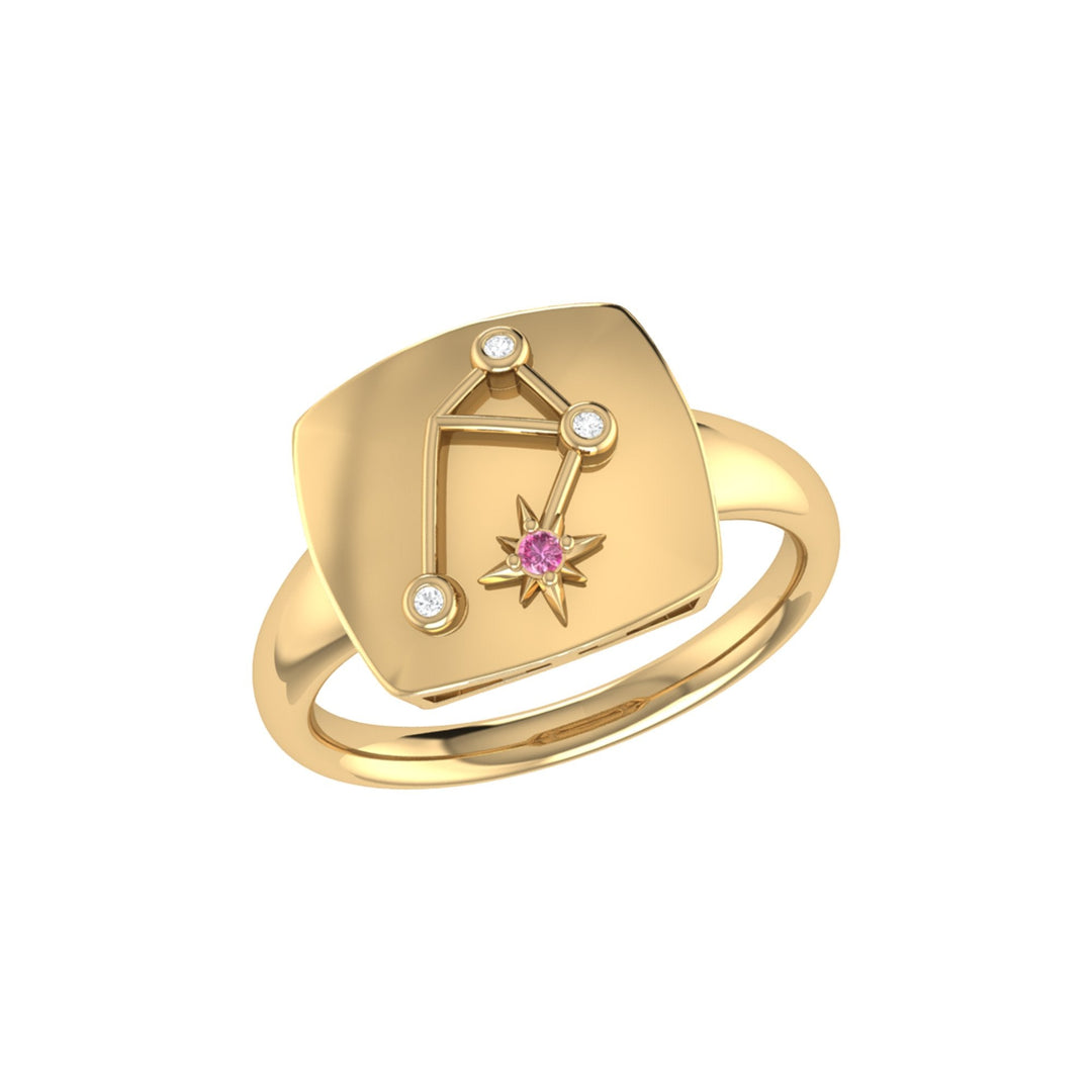 Libra Scales Pink Tourmaline & Diamond Constellation Signet Ring in 14K Yellow Gold Vermeil on Sterling Silver
