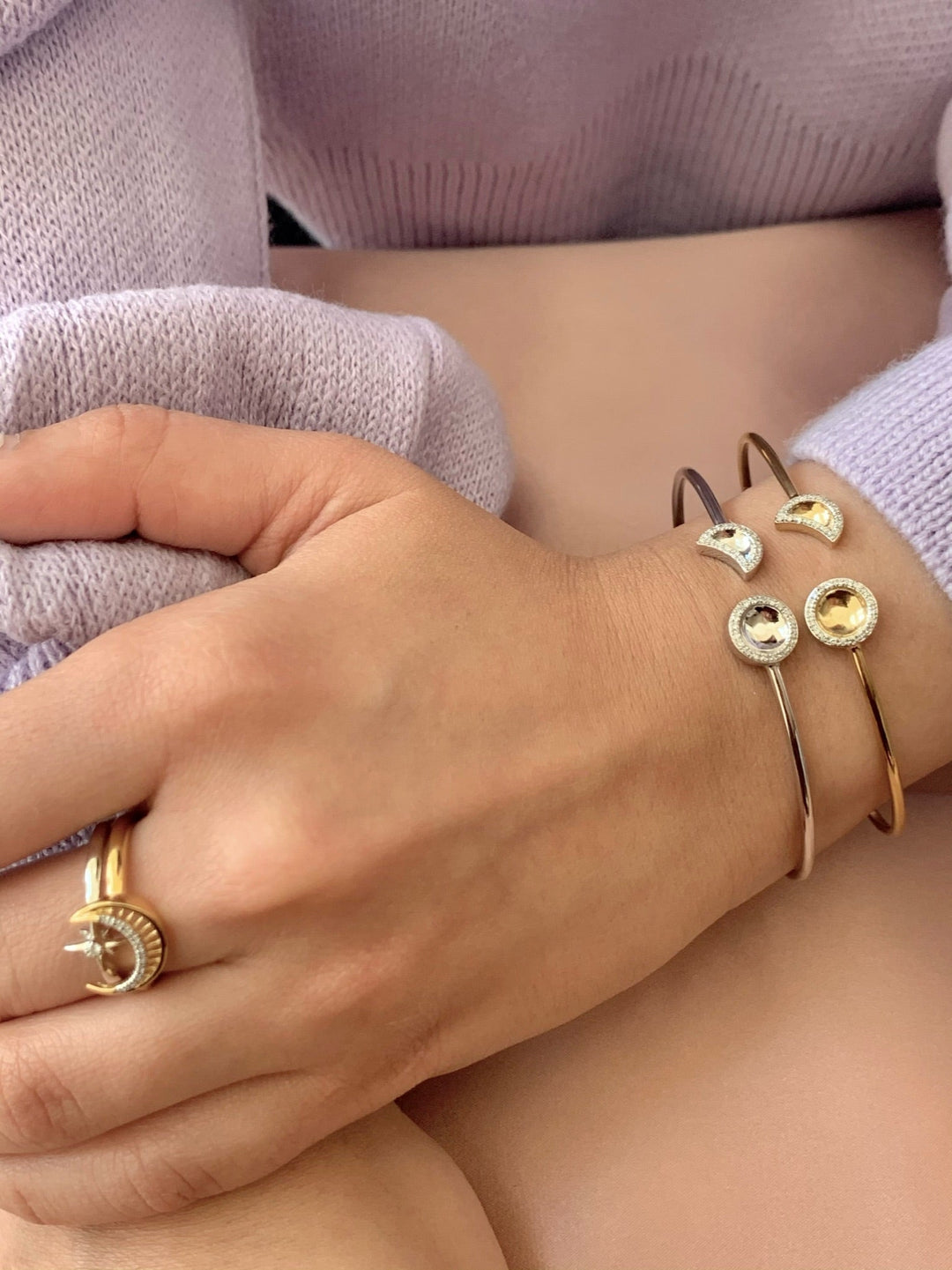 Moon Phases Adjustable Diamond Cuff in 14K Yellow Gold Vermeil on Sterling Silver