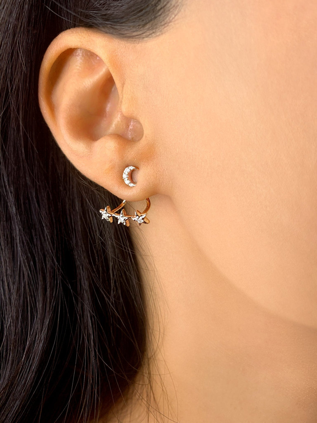 Star Trio Crescent Diamond Stud Earrings in 14K White Gold