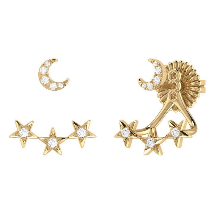 Star Trio Crescent Diamond Stud Earrings in 14K Yellow Gold