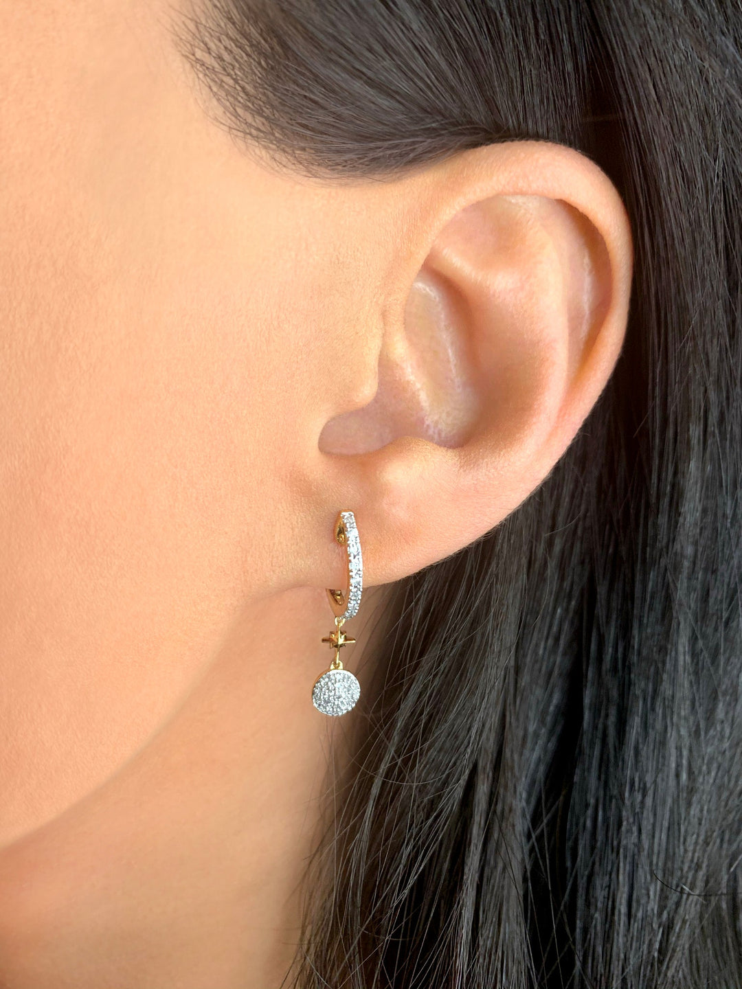 Full Moon Star Diamond Hoop Earrings in 14K Yellow Gold Vermeil on Sterling Silver