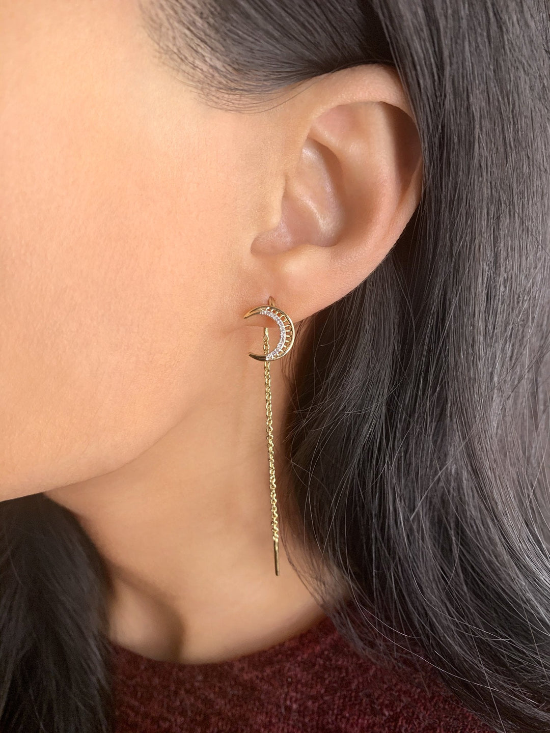 Moon Crescent Tack-In Diamond Earrings in 14K Yellow Gold