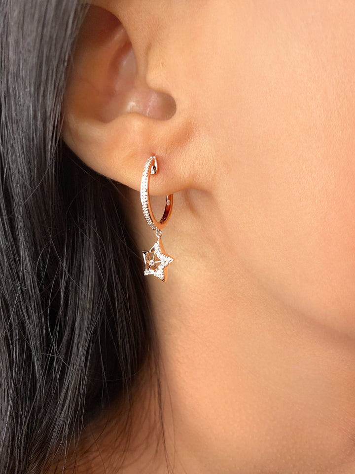 Lucky Star Diamond Hoop Earrings in Sterling Silver