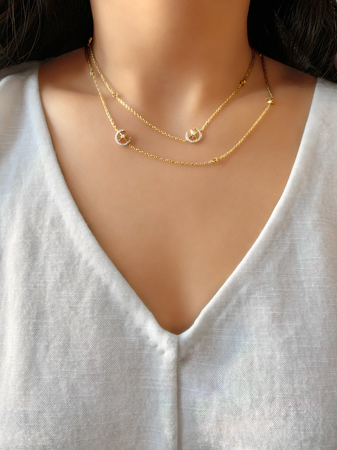 North Star Crescent Layered Diamond Necklace in 14K Yellow Gold Vermeil on Sterling Silver