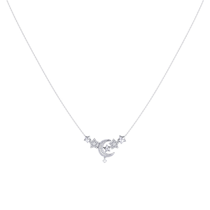 Star Cluster Moon Crescent Diamond Necklace in 14K White Gold