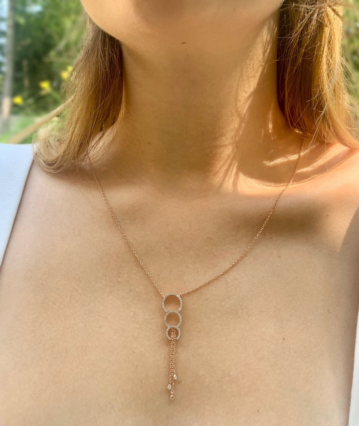 Chandelier Circle Trio Bolo Adjustable Diamond Lariat Necklace in 14K Rose Gold Vermeil on Sterling Silver