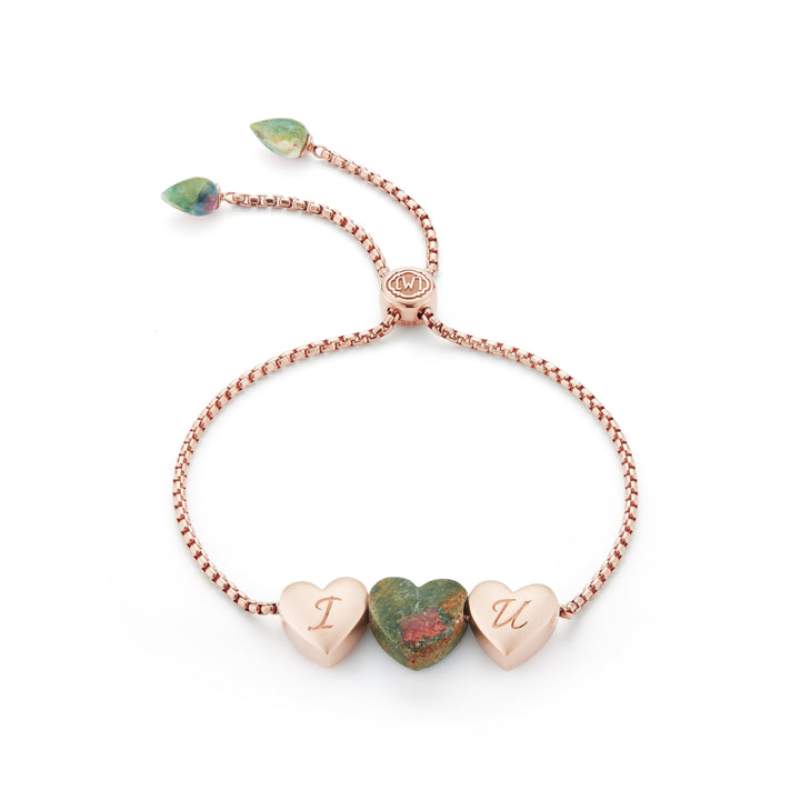 Luv Me Ruby Fuchsite Bolo Adjustable I Love You Heart Bracelet in 14K Rose Gold Plated Sterling Silver