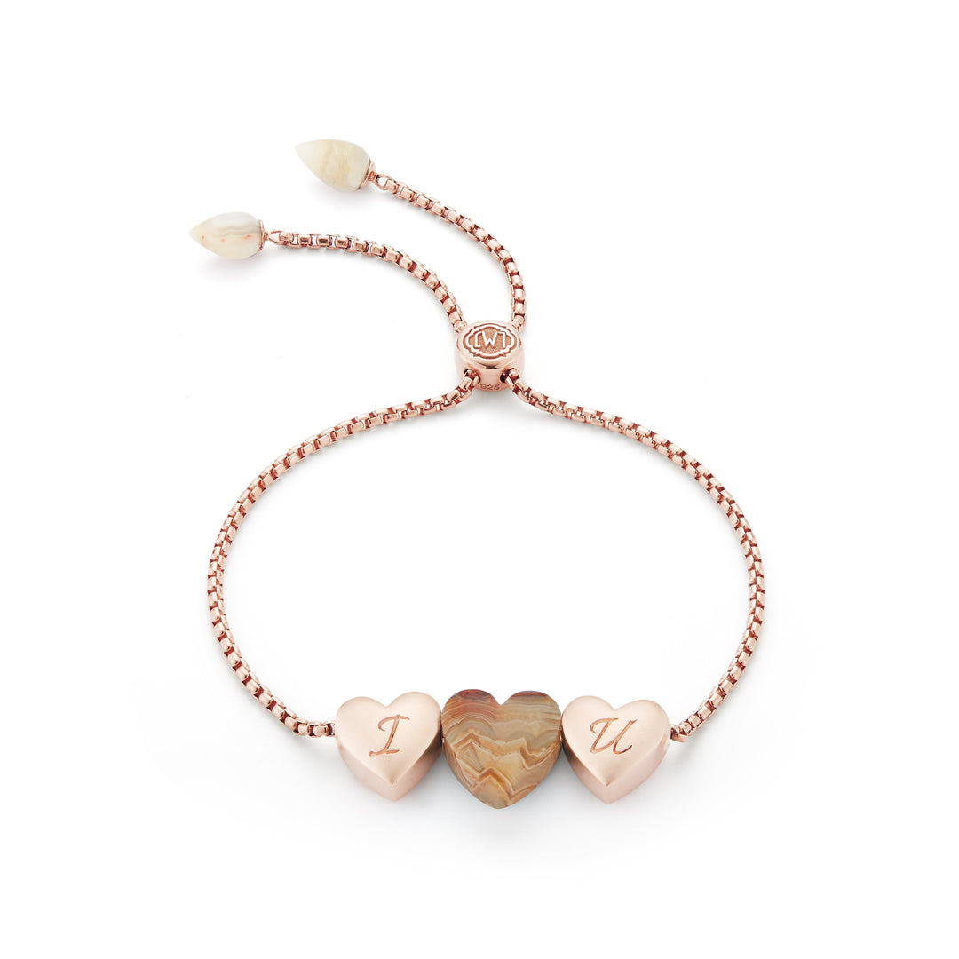 Luv Me Lace Agate Bolo Adjustable I Love You Heart Bracelet in 14K Rose Gold Plated Sterling Silver