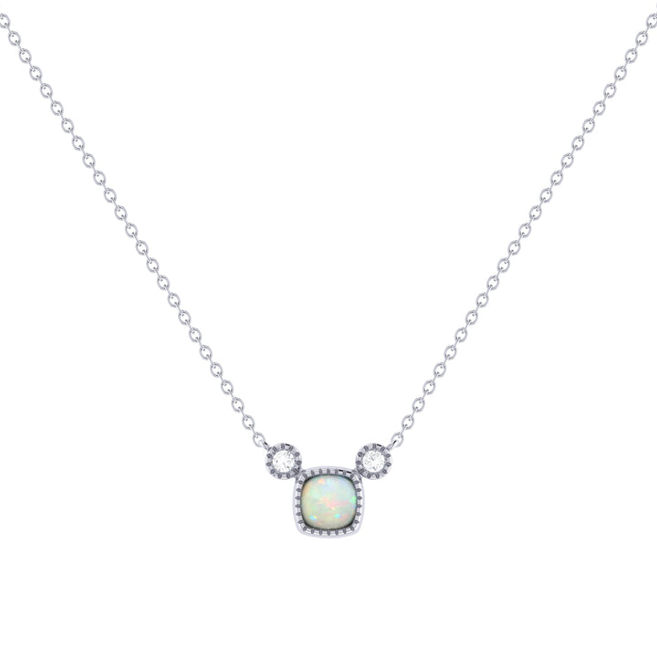 Cushion Cut Opal & Diamond Birthstone Necklace In 14K White Gold