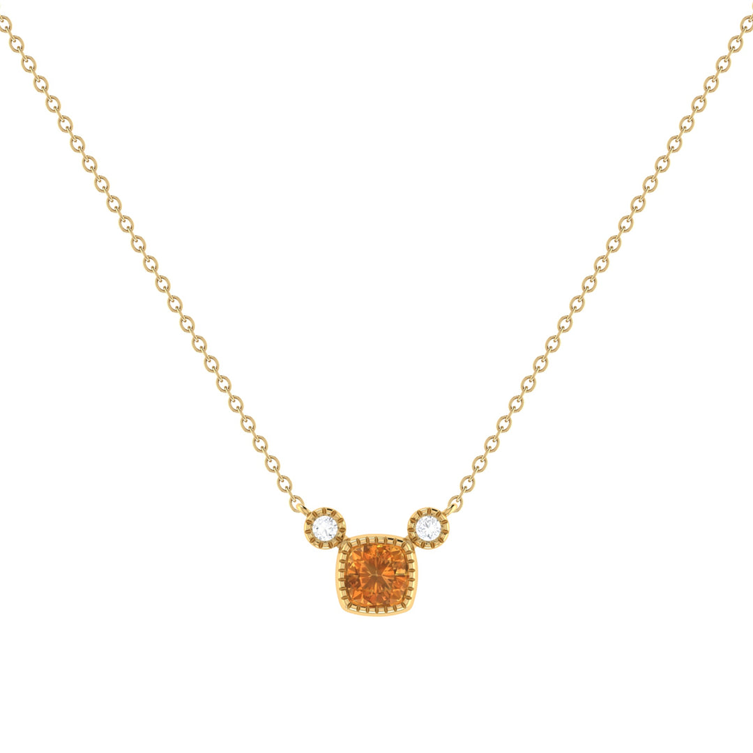 Cushion Cut Citrine & Diamond Birthstone Necklace In 14K Yellow Gold