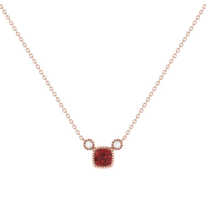Cushion Cut Garnet & Diamond Birthstone Necklace In 14K Rose Gold