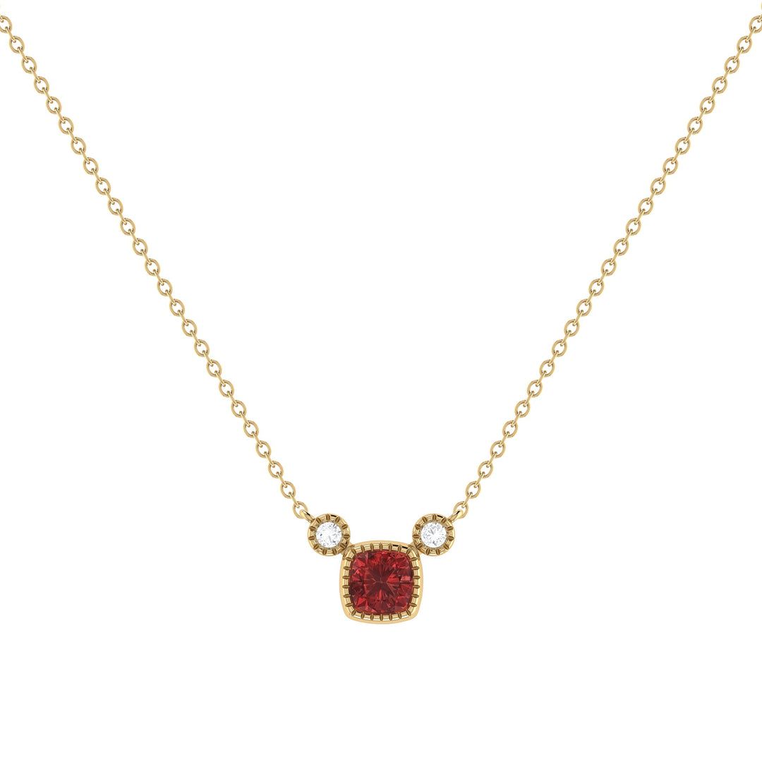 Cushion Cut Garnet & Diamond Birthstone Necklace In 14K Yellow Gold