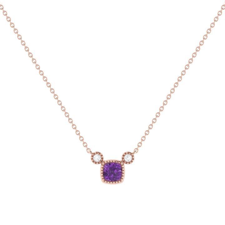 Cushion Cut Amethyst & Diamond Birthstone Necklace In 14K Rose Gold