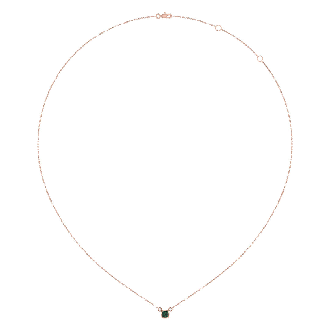 Cushion Cut Emerald & Diamond Birthstone Necklace In 14K Rose Gold